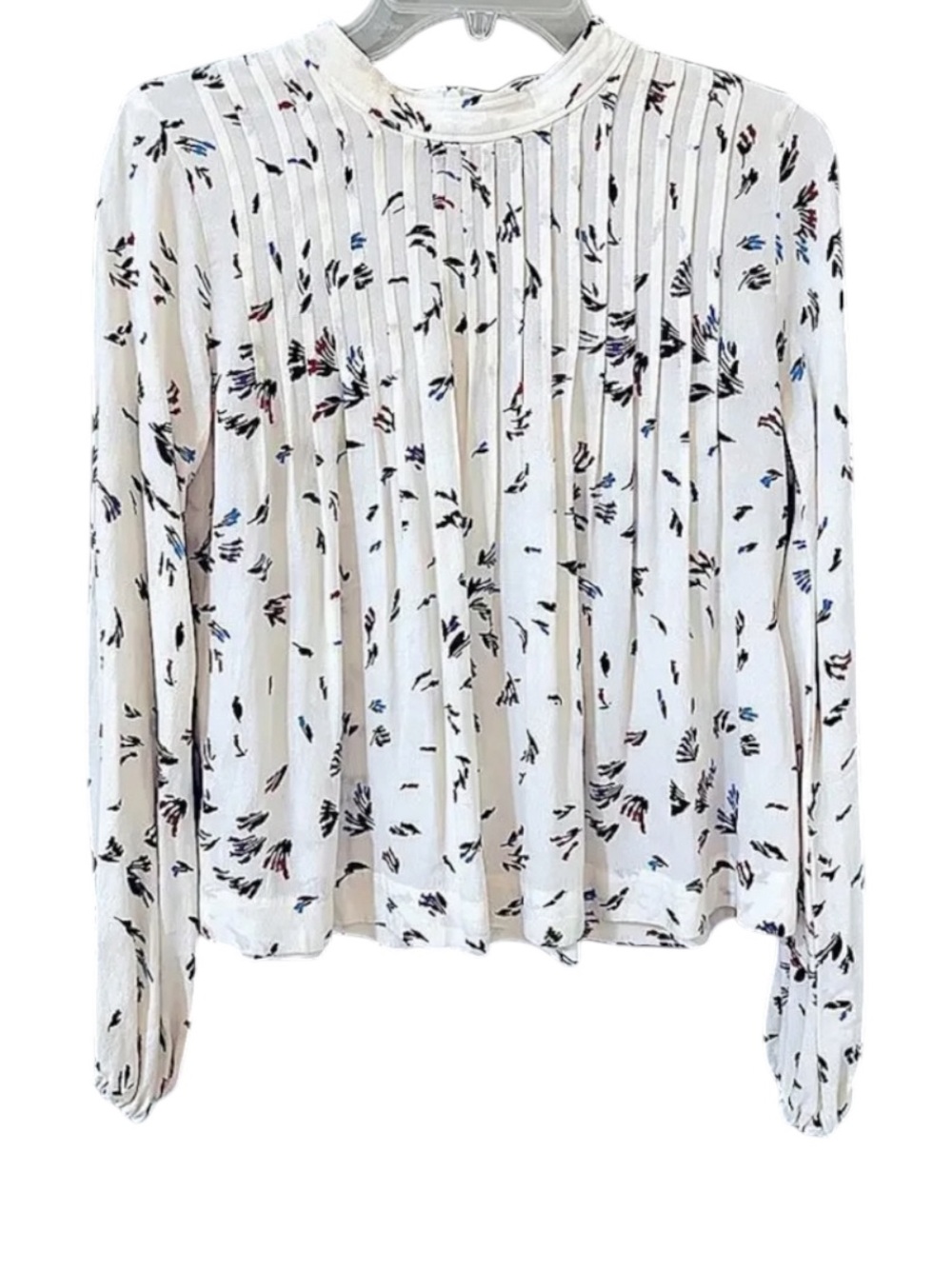 NWT GANNI Pleated Georgette Blouse Size 40 US 8 Watercolor Splatter Print Ivory